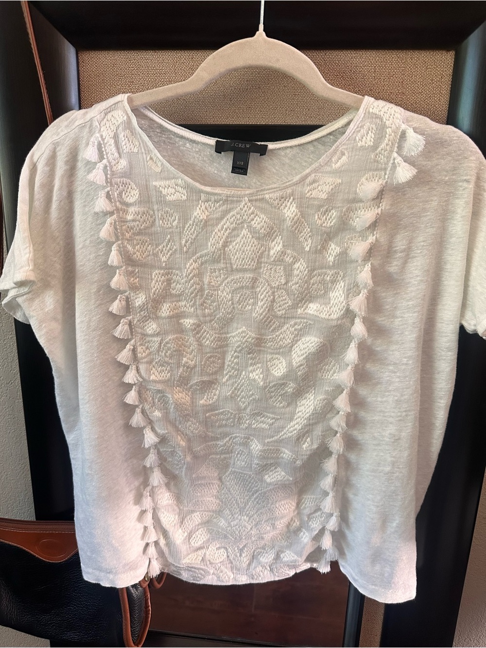 J. Crew White Tassel-Trim Embroidered Short Sleeve Tee